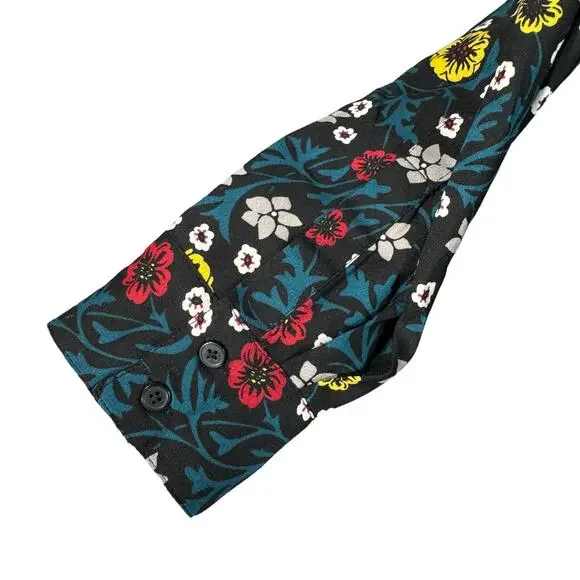 Ann Taylor LOFT Medium Dress Floral Long Sleeve Partial Button Thin Belt Black - Picture 3 of 8